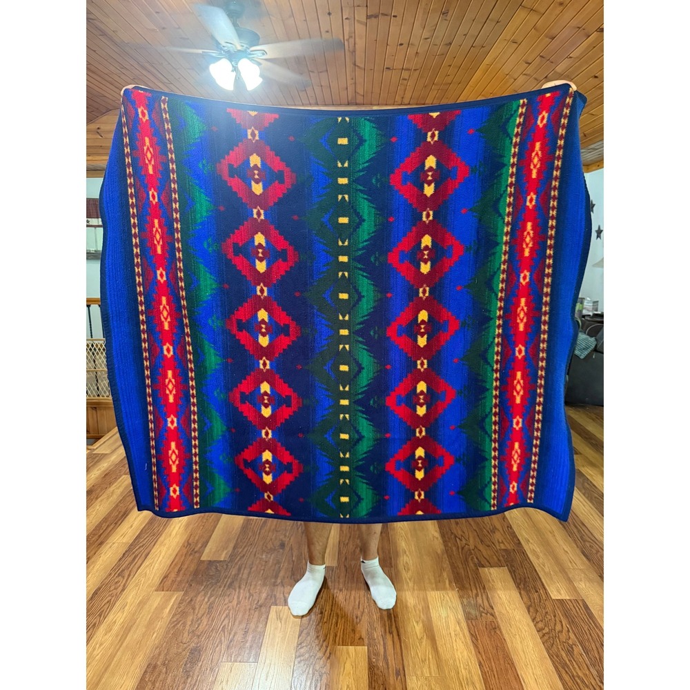 LL Bean Vintage Southwestern Tribal Fleece Throw Blanket Blue Red Green USA Made
